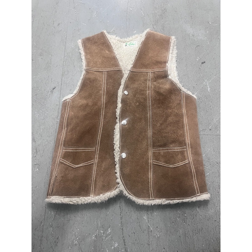 VTG Genuine Leather Western Vest Mens 34 Brown‎ Suede Sherpa Snap Button Cowboy